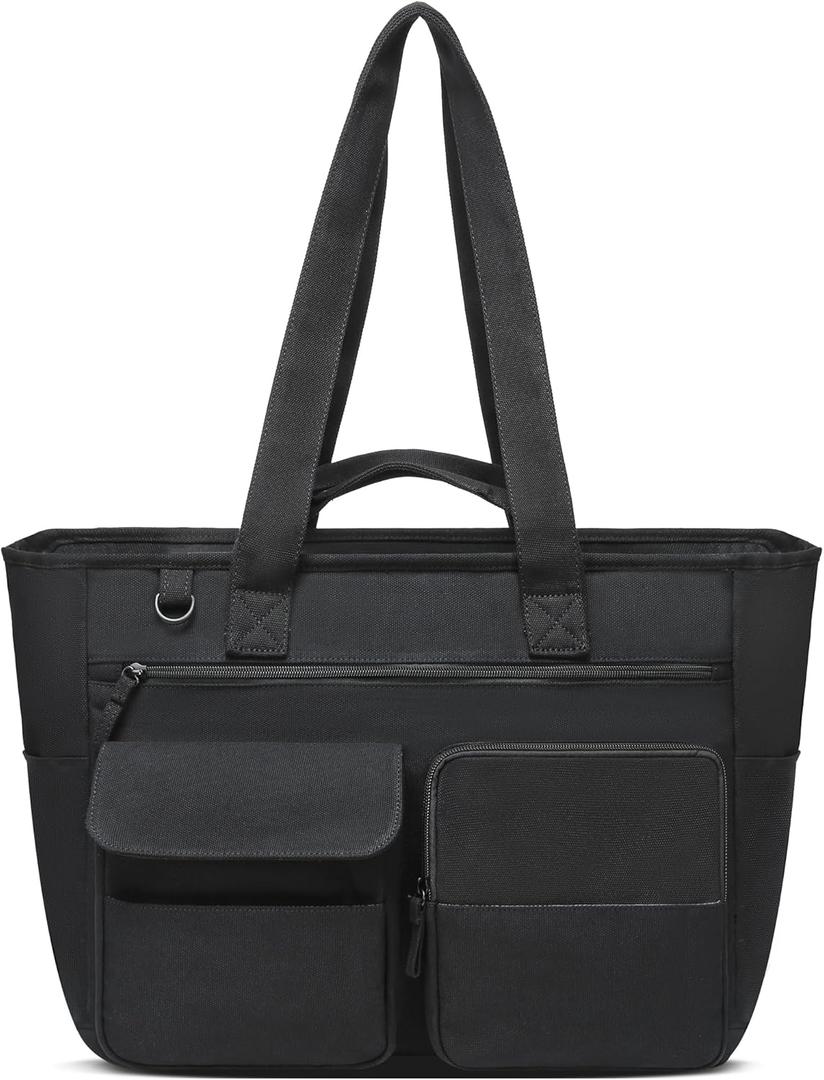 FOKDUVB Large Canvas Tote Bag with Zipper and Pockets for Women Utility Totes with Laptop Compartment for Work School Travel Heavy Duty Everyday Commuter Bags for Teacher Nurse Stuff Supplies Black