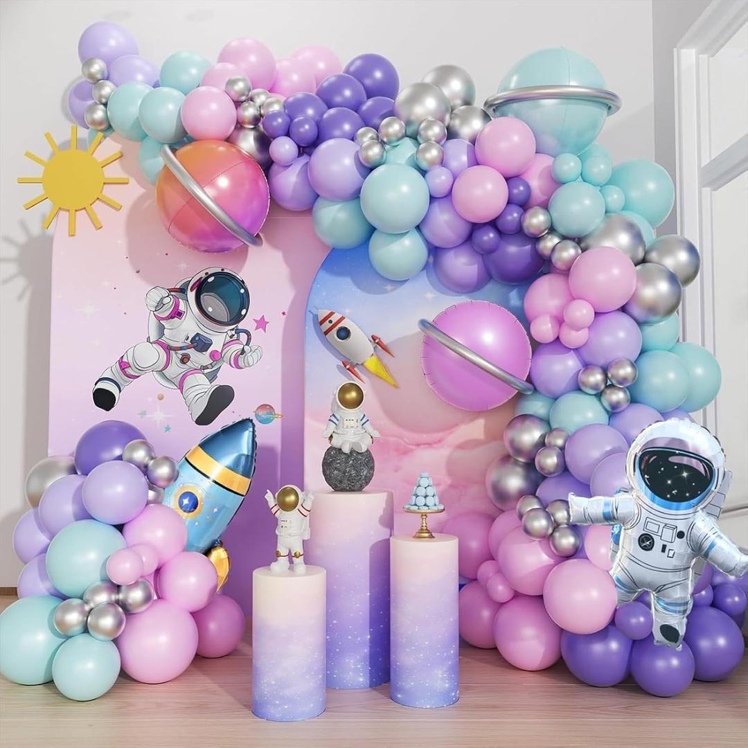 161pcs Arch Kit Outer Space Party Decorations with Astronaut Rocket Pink and Purple Balloons Space Themed Birthday Party Baby Shower Decorations