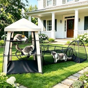 CypherX Extra Large Catio Outdoor Cat Enclosure, 3-Tier Cat Tents with Tunnels for Indoor Cats/ Pop Up Cube, Cat Tower Playpen with 2 Tunnels and Tents, Portable Pet Playhouse for Outside, Patio(Grey)