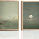 Japanese Zen Wall Art Set of 2 with Wooden Frame – Minimalist Sage Green Sunset Landscape Prints, Japandi Scandinavian Boho Painting, Framed Picture Wall Decor 12x16 Inch