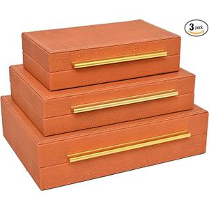 Faux Shagreen Leather Jewelry Storage Boxes Set of 1 with Gold Handles, Velvet Lined Stackable Organizer for Women, Vanity, Dresser, Gift, Burnt Orange