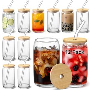 12pcs Set Glass Cups with Bamboo Lids and Glass Straw - Beer Shaped Drinking Glasses, 16 oz Iced Coffee Glasses, Cute Tumbler Cup for Smoothie, Boba Tea, Whiskey, Water - 4 Cleaning Brushes