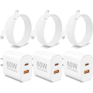60W USB C Fast Charger for iPhone 17/Air/17 Pro/17 Pro Max/16/15 Pro Max, 3-Pack 60W Dual Port Type C Charger Block & 6FT USB-C Cable, PD 3.0 Super Fast Charging for iPad Pro 13/12.9/11, Air 7/6, Mini
