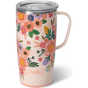 Swig Life 22oz Travel Mug, Insulated Tumbler with Handle and Lid, Cup Holder Friendly, Dishwasher Safe, Lightweight Stainless Steel Floral Mug, Flower Tumbler, Mothers Day Gifts for Mom (Full Bloom)