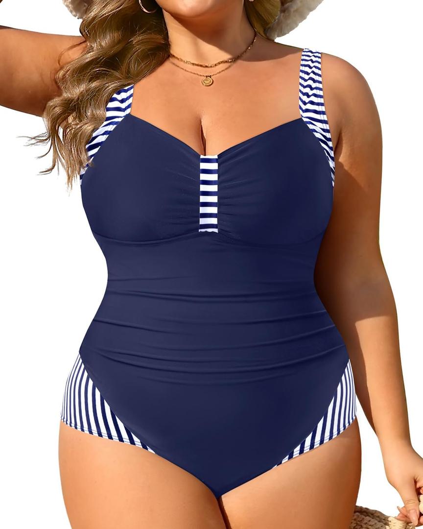 Tempt Me Women Plus Size One Piece Swimsuits - Tummy Control Bathing Suits 2025 Color Block Swimwear (Blue and Stripe)