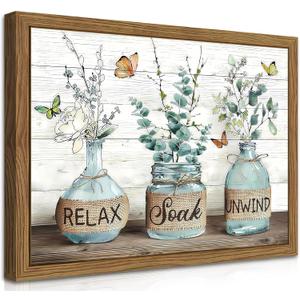 Farmhouse Bathroom Decor Wall Art, Framed Green Botanical Rustic Cotton Pictures Canvas Wall Decor Painting, Country Relax Soak Unwind Sign Artwork Posters Prints for Bathroom 12x16In Dark Wood Frame