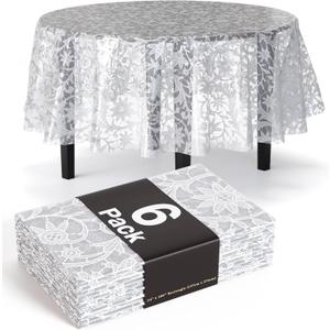 Exquisite Lace Table Cloth Round Table Plastic 6-Pack Lace Tablecloth Round 84" | Clear & White Floral Tablecloth Disposable | Wild Flower Party Decorations & Party Supplies