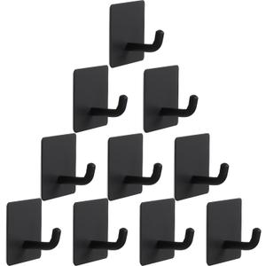 Bath Towel Hooks - 10 Pack Strong Self Adhesive Coat/Clothes Hooks, No Drilling Sticky Hooks, Heavy Duty 304 Stainless Steel Shower Wall Hook for Bathroom Kitchen Bedroom(Matte Black)