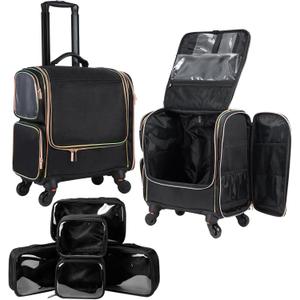 Stagiant Rolling Makeup Train Case, Professional Makeup Case, Travel Cosmetic Organizer Make Up Storage Bag for Makeup Artist, Hairstylist, Barbers, with 5 Toiletry Bags, Black