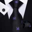 Striped Ties for Men Classic Woven Silk Necktie with Handkerchief Cufflinks Set Formal Business Party Wedding (A Black Purple Animal)