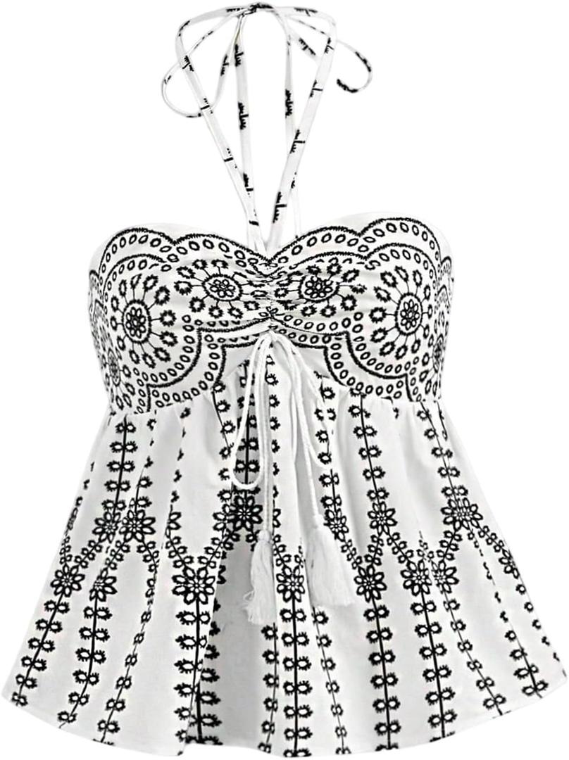 Women's Y2K Boho Floral Halter Top Tie Backless Ruched Ruffle Flowy Summer Vacation Halter Going Out Tops (Black and White) XS