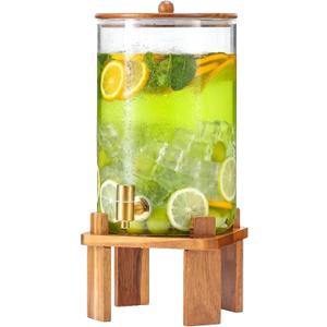 2.1 Gallon Large Glass Drink dispenser, With Wood Stand Steel Spigot