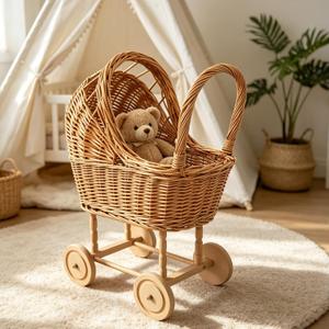 Vintage Wicker Stroller-Style Flower Basket with Wheels,Woven Rattan Stroller Shaped Flower Basket,Perfect for Wedding Party Flower Decorations and Gifts for New Parents