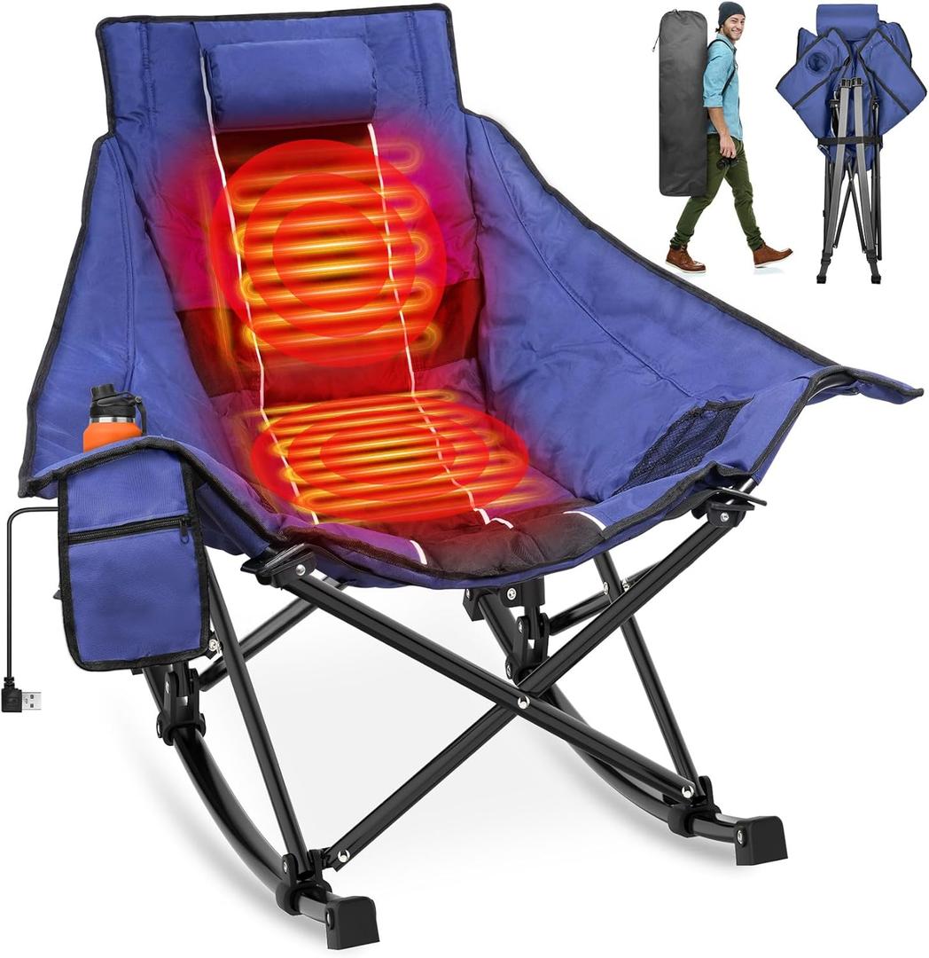 Suteck Heated Rocking Camping Chair, Fully Thicker Padded Heated Camping Chairs for Outdoor Sports W/3 Heat Levels for Back & Seat, Heated Rocking Chair for Adults with Carry Bag, Battery NOT Included (Deep Blue)