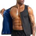 Everfion Men's Sauna Vest Zipper Ribbed Sweat Suit Waist Trainer, Sleeveless Sauna Shirt for Men Compression Tank Top (Black-blue Inner, L/XL)