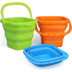 Jumbo Beach Sand Bucket Toy for Kids, 3L Collapsible Sandbox Pail, Easter Buckets, 3 Pack Multi Use Tool for Garden, Planting, Camping, Storage Fishing, Washing, Summer Holiday Travel Birthday Gifts