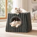 Cat Beds for Indoor, Large Cat House with Fluffy Balls and Scratch Pads, Machine Wash Cat Cave Apartment, Suitable for Multiple Cats, Small Kitten Bed (Deep Grey, Large)