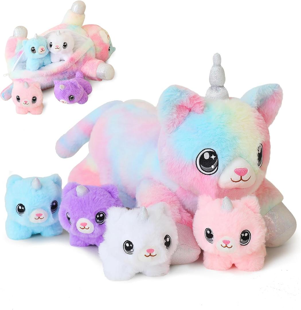 SQEQE Unicorn Cat Plush Mommy Cat Unicorn with 4 Cute Baby Kittens - Plushies Birthday Gifts for Boys and Girls