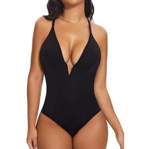 SHAPERIN Bodysuit for Women Shapewear Tummy Control Deep V Neck Plunge Sleeveless Backless Thong Body Suit Tank Top, Black, S