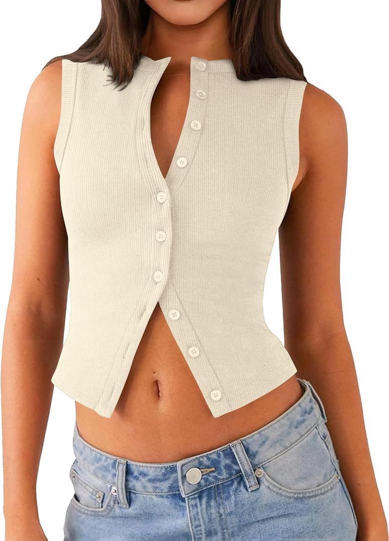 Matunana Womens Going Out Tops Summer Spring Ribbed Tank Sexy Crop Cute Y2K Button Down T Shirts Fashion Clothes 2026 (White, S)