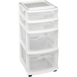 HOMZ Drawer Tower, 4-Tier Clear Plastic Storage Organizer Cart, White Frame Rolling Containers with Wheels for Bathroom, Bedroom, Office, and Classroom Organization