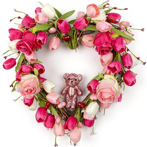 18 Inches Valentines Wreaths for Front Door Romantic Valentine Heart Wreath with Red White Pink Tulip Rose Valentine Flower Wreath for Window Wall Porch Indoor Outdoor Hanging
