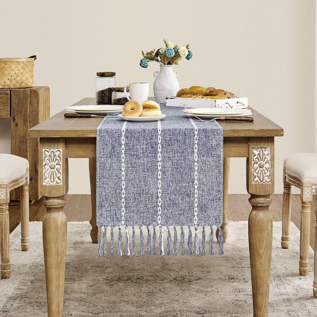 ZeeMart Farmhouse Table Runner, Rustic Table Runners 108 Inches Long, Linen Boho Table Runner, Braided Striped Navy Blue Table Runner for Dining Party Holiday, 15x108 Inches, Braided Navy Blue (15*108 inches)