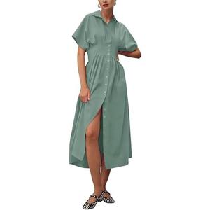 Yeokou Shirt Dress for Women Summer Casual Short Sleeve Button Down Loose Pleated Maxi Sundress with Pockets, XL