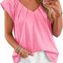 Tankaneo Womens Cap Ruffle Sleeve Tops V Neck Pleated Cotton Blouses | Loose Fit, Summer Dressy Casual, Cotton Shirts (Pink, L)