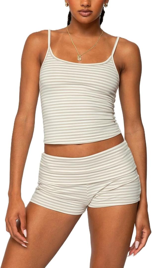 Women 2 Piece Striped Pajama Set Y2k Sleeveless Cami Tank Top and Fold Over Shorts Lounge Set Sleepwear, Size Large