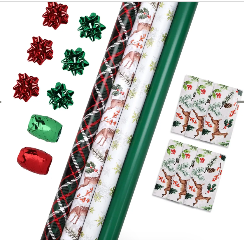 LaRibbons Christmas Wrapping Paper Set, Reindeer & Snowflake Design with Gift Bow & Ribbons & Tags, Perfect for Holiday, Party, Xmas Celebration,30 Inch X 10 Feet (4Rolls, 100 sq.ft.ttl.)
