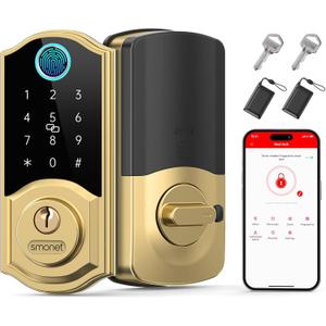 SMONET Smart Lock Fingerprint Deadbolt,Keyless Entry Door Lock with App Control,7-1 Smart Deadbolt with Digital Bluetooth Keyless Entry Keypad Biometrics,Auto-Lock,Easy to Install,Gold