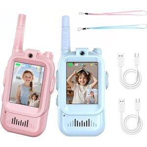 Video Walkie Talkies for Kids, Rechargeable Walkie Talkies for Kids, 300 Meter Transmission Distance, Indoor and Outdoor Real-Time Video and Call, Gift for Boys and Girls Aged 3-12 (Blue and Pink)