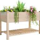 BIRASIL Outdoor Wood Raised Garden Bed, Elevated Reinforced Large Planter Box with Storage Shelf for Vegetable Flower Backyard Patio Gardening Balcony (48L, Natural Wood)