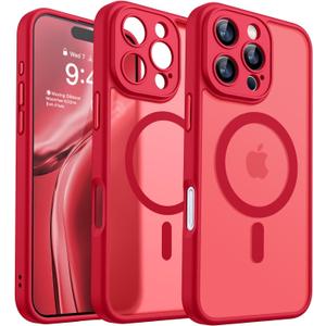 CANSHN Magnetic Compatible with iPhone 16 Pro Case, Upgraded [Full Camera Protection] [Compatible with Magsafe] [Translucent Matte] Shockproof Protective Phone Case Cover 6.3 Inch - Red