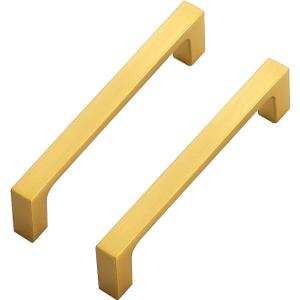 Ravinte 5 Pack Solid 4 Inch Square Cabinet Handles - Brushed Brass Drawer Pulls - Kitchen Hardware (4" Hole Center)