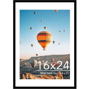 JCJMY 16x24 Picture Frame with Mat for Poster Photo and 40x60 cm Canvas, Display 14x20 with Mat or 16 x 24 without, Wood 16 by 24 Wall Gallery Poster Photo Frame, Black