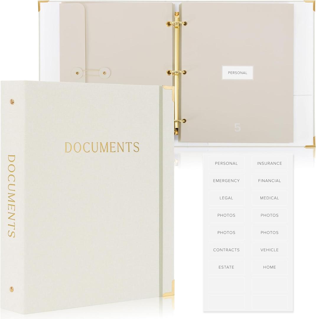 Sturdy Document Organizer Set with Folders - Beautiful Linen 3-Ring Binder Safely Stores All Important Documents & Files in One Place - Easy to Use Expanding Storage Incl. Envelopes, Pockets & Labels (Beige)
