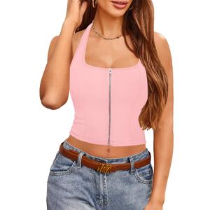 Zanvylia Halter Tank Top for Women Summer Going Out Tops Backless Y2K Crop Sleeveless Zip Front Shirts (US, Alpha, Large, Regular, Regular, Pink) (Pink, L)