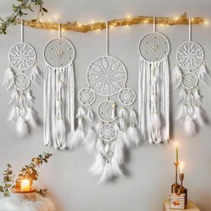 LOMOHOO 5 Pack Dream Catcher Moon and Sun Design Boho Wall Hanging Decor Handmade Traditional Feathers Dream Catchers for Kids Bedroom Living Home Decoration(White)