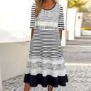 Women's Summer Casual Striped Print Pocket Crew Neck Dress Multicolor