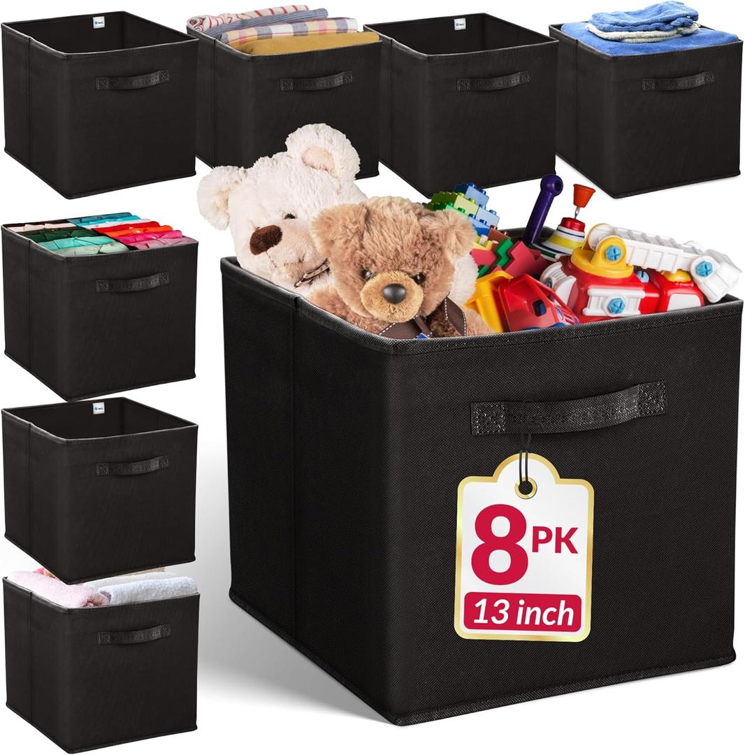 Reli. 13x13x13 Storage Cube Bins (8 Pack) | Large Cube Organizer Bins | 13x13 Fabric Storage Boxes | Fits Kallax | Collapsible, Foldable Fabric Cubby Box (Square) | Kids Room Organization (Black)