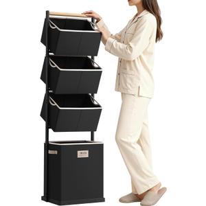 SOLEDI 4 Section Laundry Hamper Sorter, Stackable Laundry Basket Organizer with Removable Basket, 125L 4-Tier Vertical Laundry Sorter for Small Space, Laundry Room, Dorm, Bathroom, Wardrobe Black