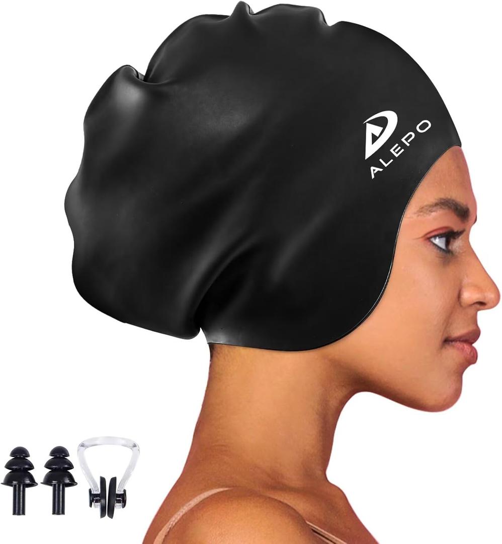 Alepo Extra Large Swimming Cap Women Men, Durable Silicone Swimming Hat Long Hair with Ear Protection, Unisex Adults Swim Caps for Long Thick Curly Hair & Dreadlocks Braids Weaves Afro Hair (Black)