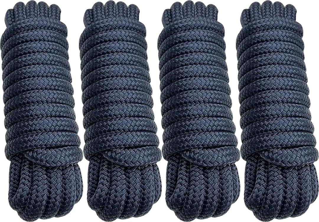 Double Braid 5/8" x 20' Boat Dock Lines (4-Pack) Nylon Boat Ropes for Docking with 15" Spliced Eye Heavy Duty Marine Rope Soft & Durable Boat Lines for Pontoon and Light Boat (Navy Blue)