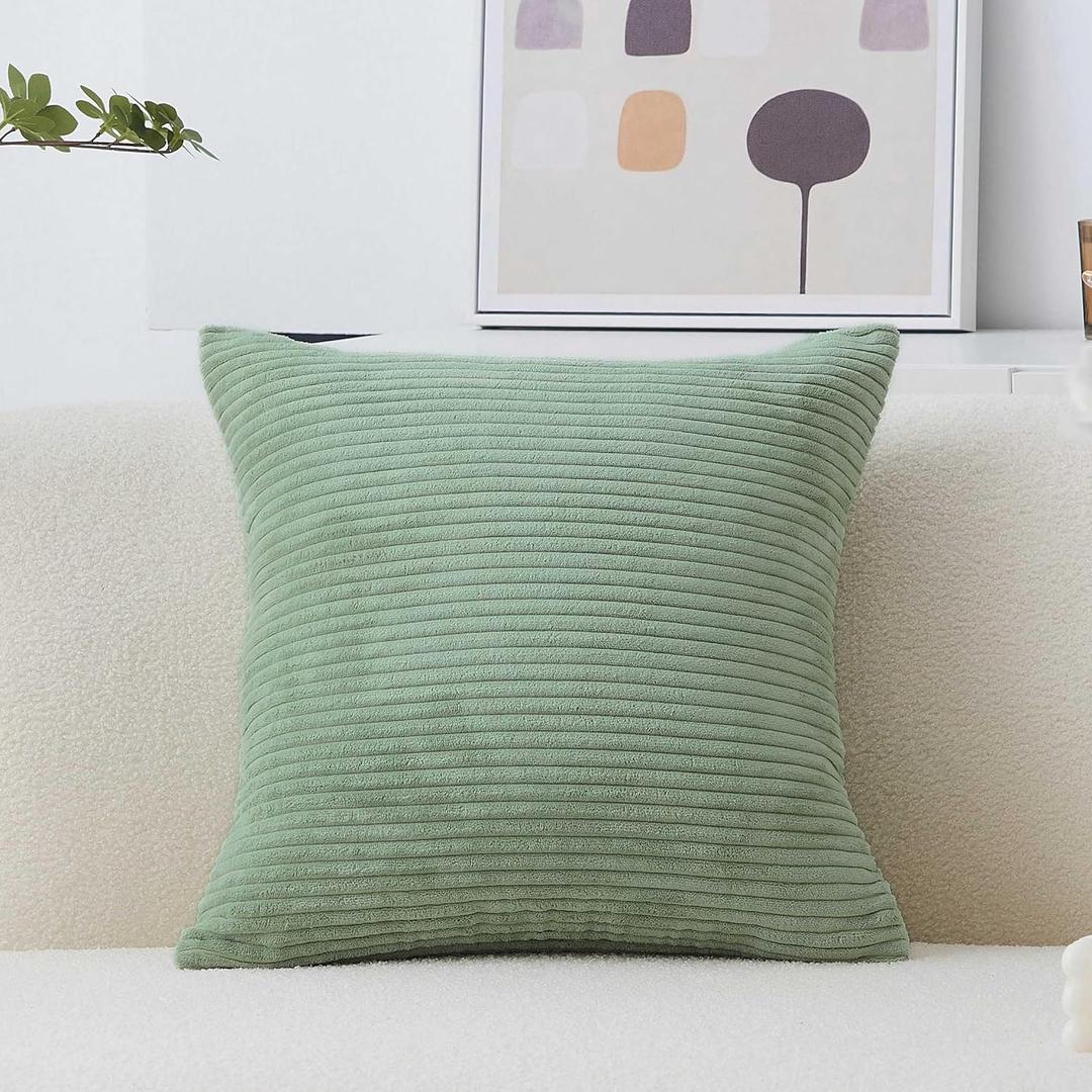 Home Brilliant Throw Pillow Cover Green Striped Corduroy Decorative Spring Pillow Cover 20x20 Soft Square Plush Pillowcase for Sofa Chair Bed Decor, 20 x 20 inch (50cm), Iceberg Green