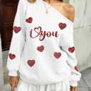 BANGELY Valentines Off Shoulder Sweatshirt Women Love Heart Long Sleeve Shirt Casual Oversized Sweatshirts Fashion Sequin Top (White, L)