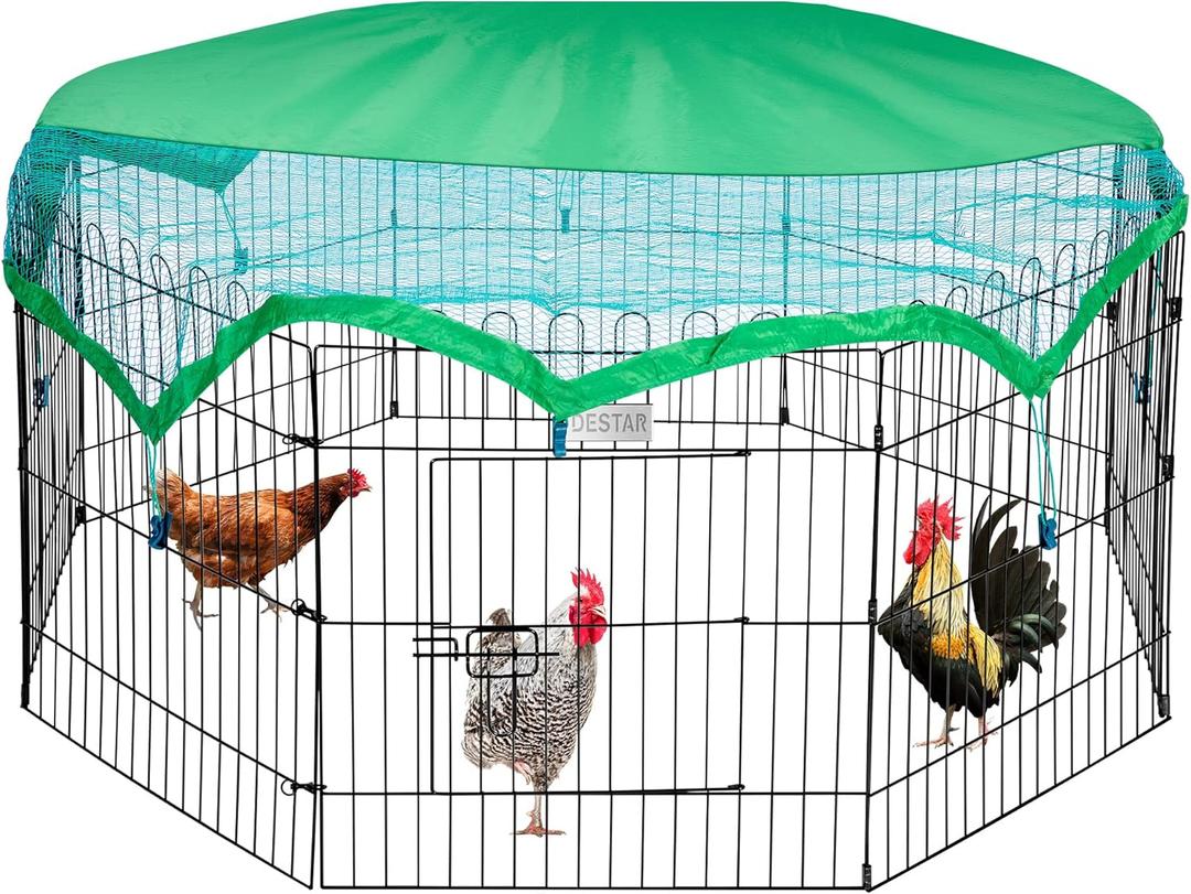 DEStar 8 Panel Foldable Outdoor Backyard Metal Coop Chicken Cage Enclosure Duck Rabbit Cat Crate Playpen Exercise Pen with Weather Proof Cover