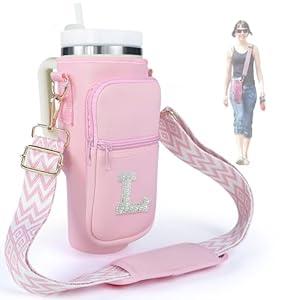 Water Bottle Holder with Strap for Stanley 40 oz Tumbler, Initial L Water Bottle Carrier Sling Bag with Pouch Phone Pocket Handle Crossbody Water Bottle Holder Case Sleeve for Walking Camping Gym (Pink)