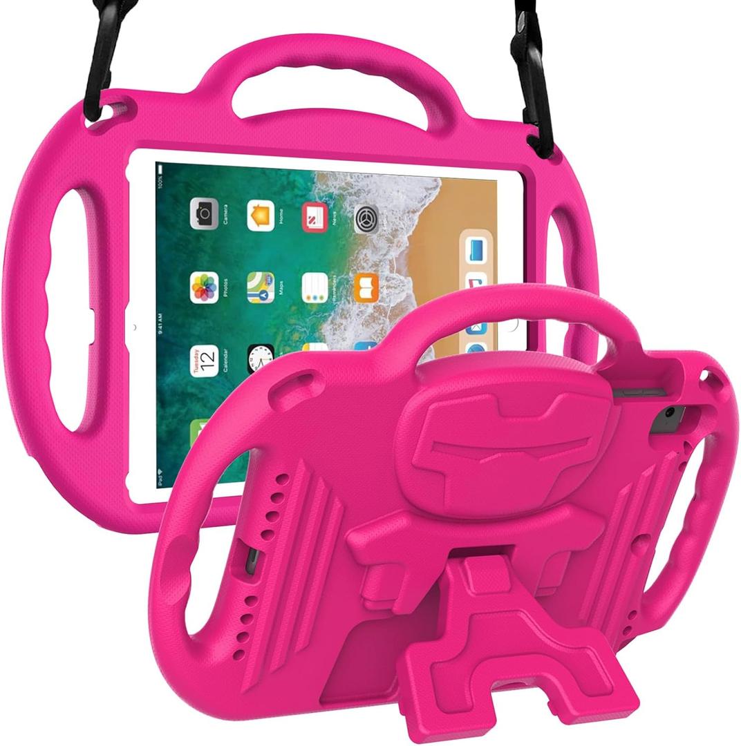 LTROP Kids Case for iPad 5th/6th Generation (2017/2018) & Air 2, Shoulder Strap Handle Stand Shockproof Bumper Cute Kid Case for iPad 9.7 Inch, Pink